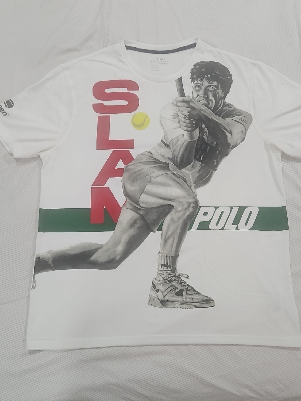 Polo by Ralph Lauren White Graphic Tee with Red SLAM and Green Stripe